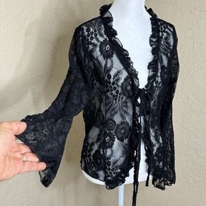 Women's Floral Lace Tie Front Black Top Sheer Fairy Grunge Whimsigoth Size Large